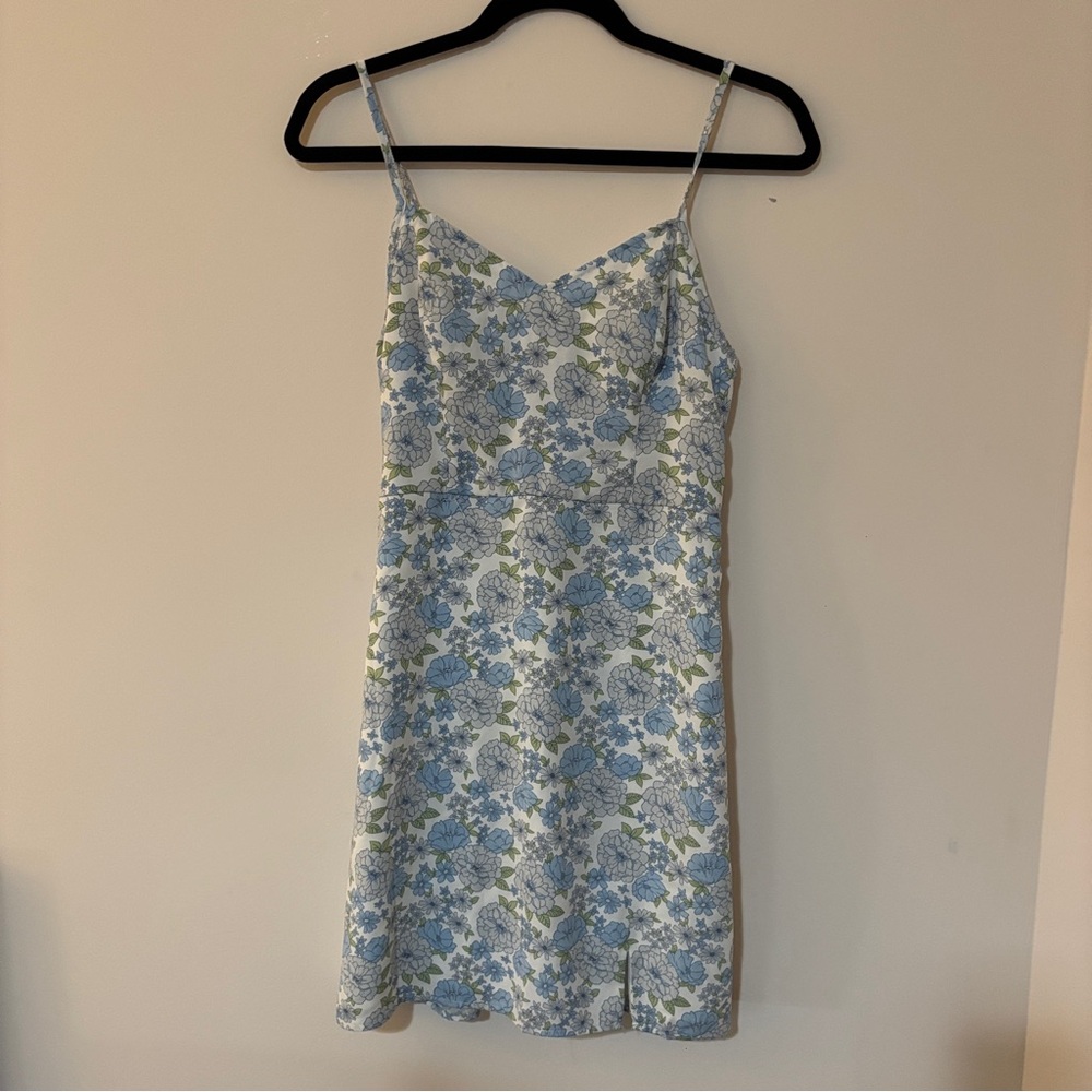 Hollister Blue Floral Slip Dress with Green Leaf Accents